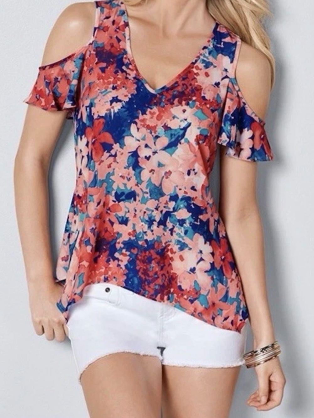 VENUS Red and Blue Floral Cold-Shoulder V-Neck Top